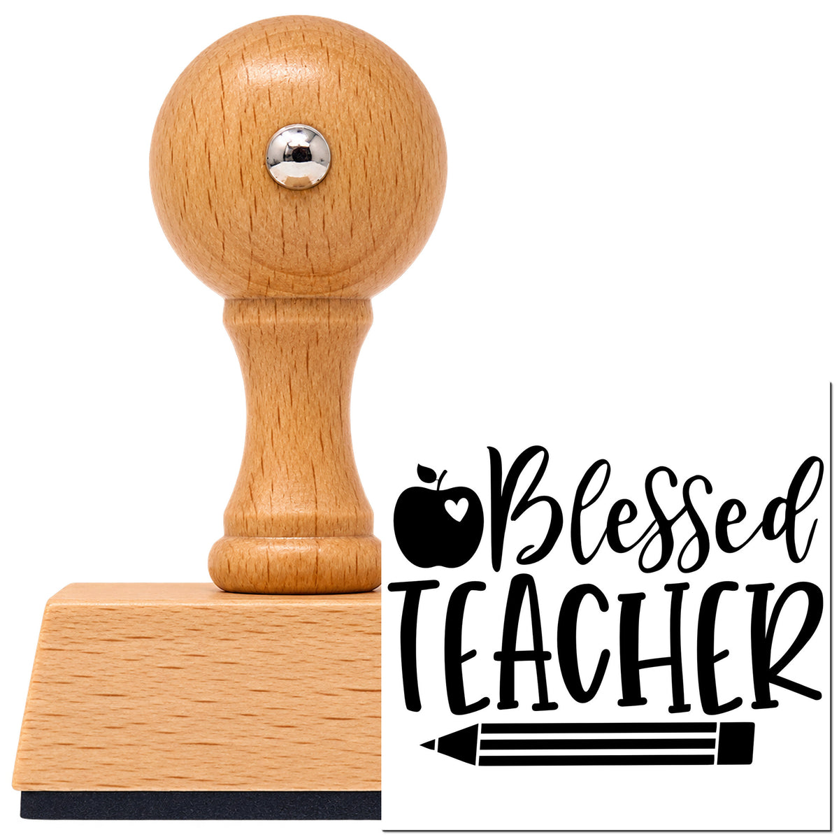 Vintage Pro beech wood stamp with a round knob handle, shown with its black Teacher Blessings Apple And Pencil imprint on white.