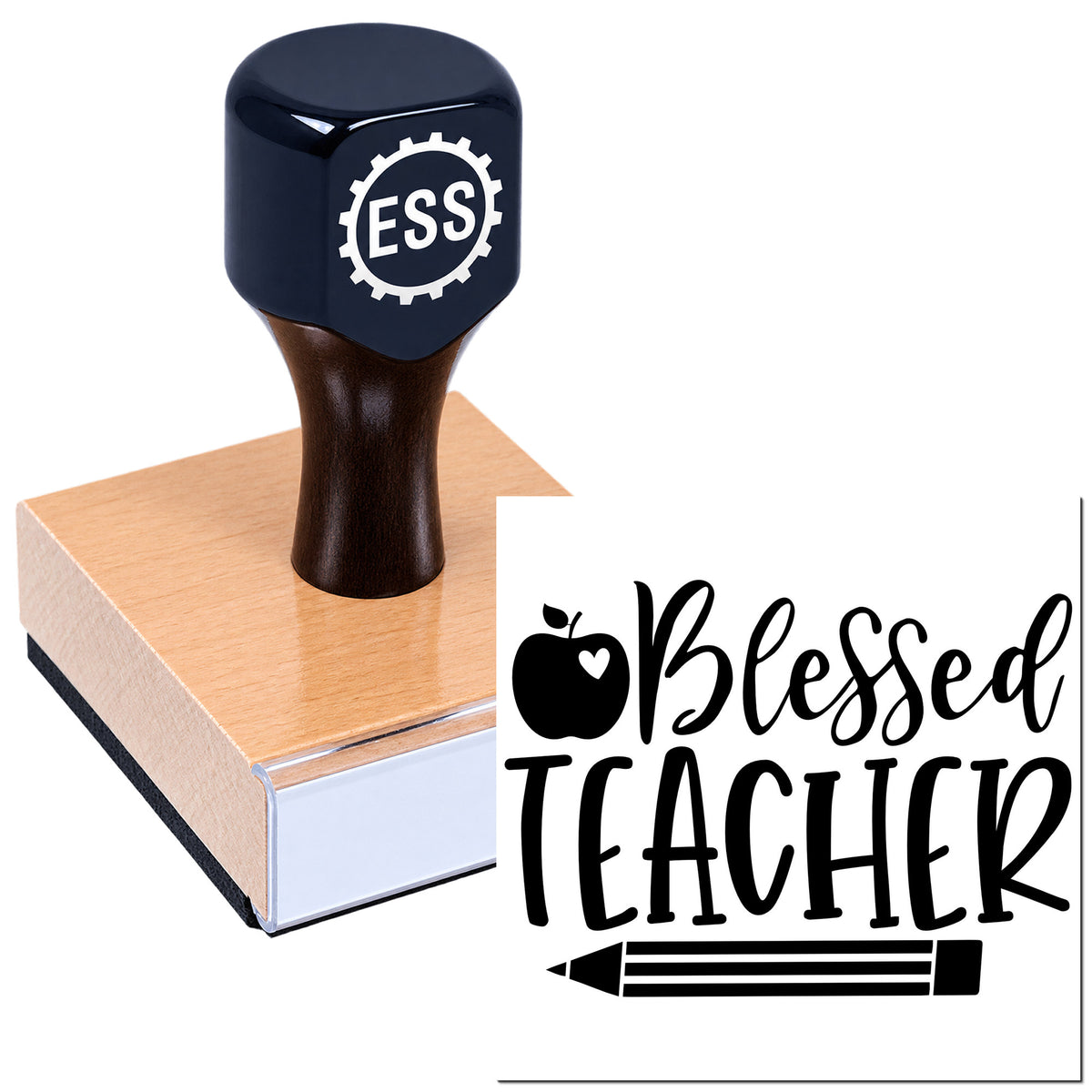 Black rubber stamp and seal on a wood block, printing a "Blessed Teacher" design with apple icon and pencil in black.