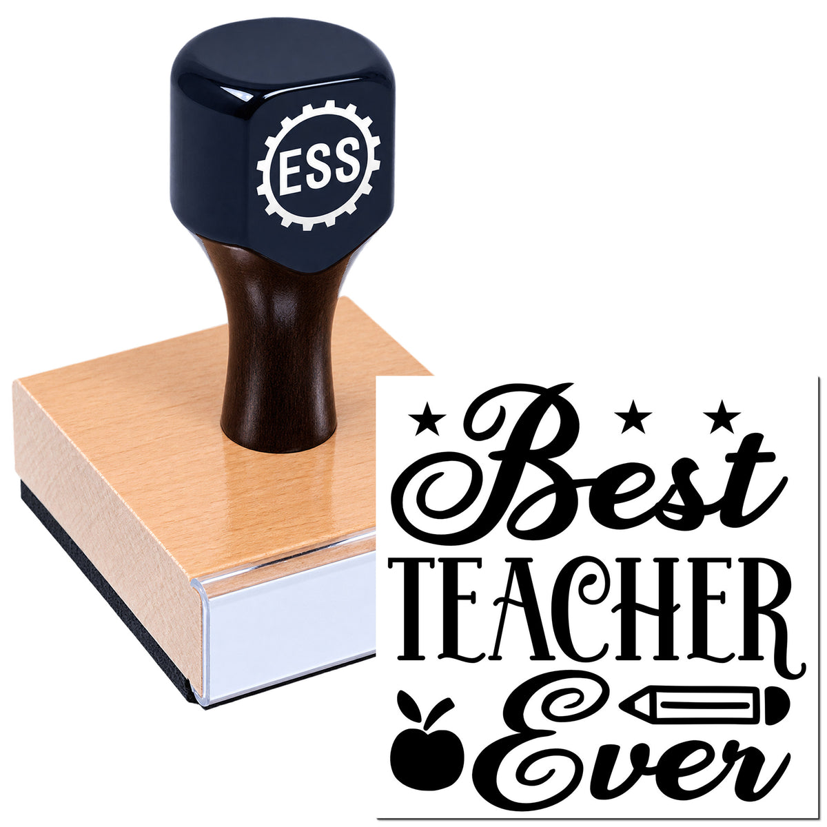 Dark navy ESS rubber stamp on a wood block with bold black "Best Teacher Ever" teacher seal design.