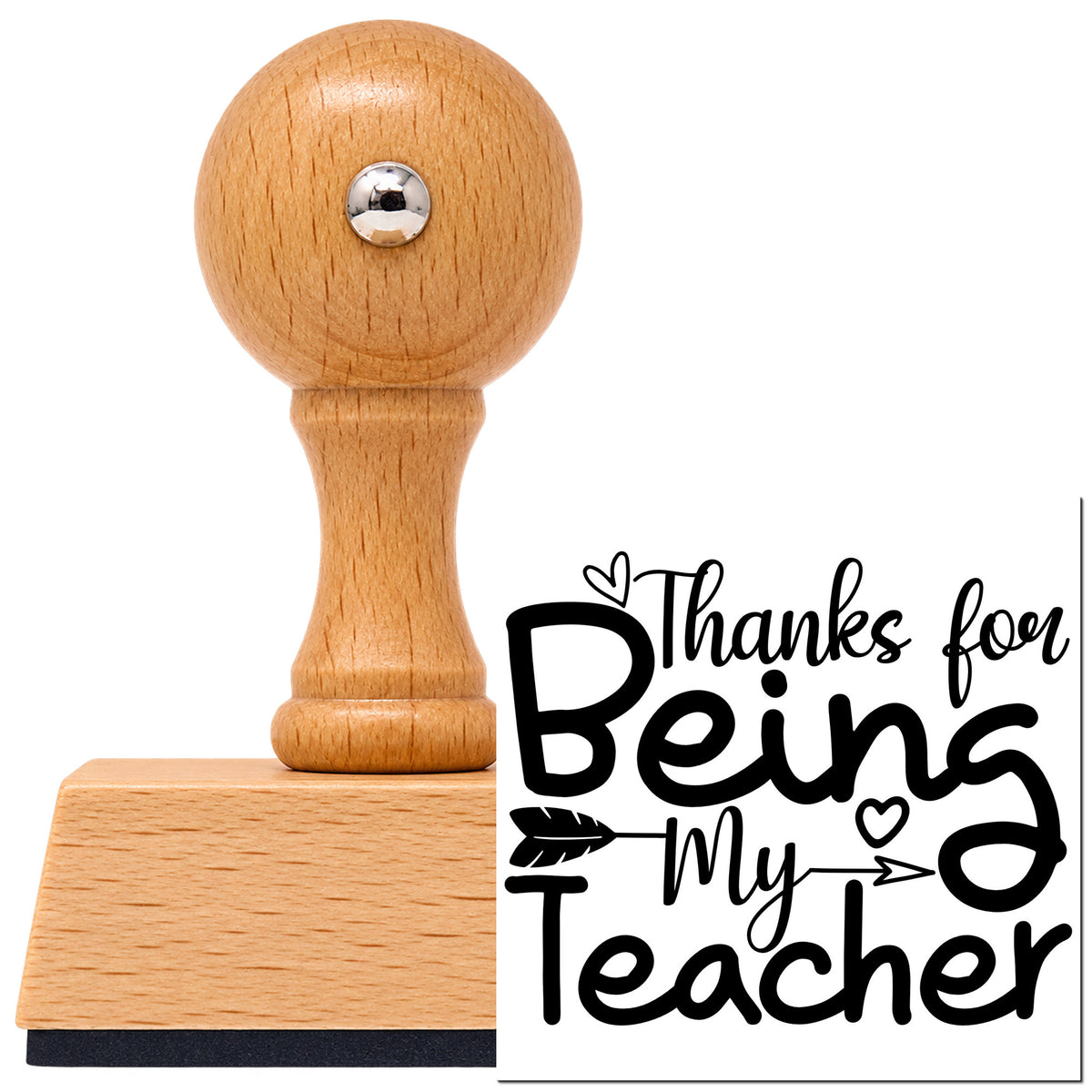 Vintage Pro beech wood stamp with a round knob handle, shown with its black Thanks For Being My Teacher imprint on white.