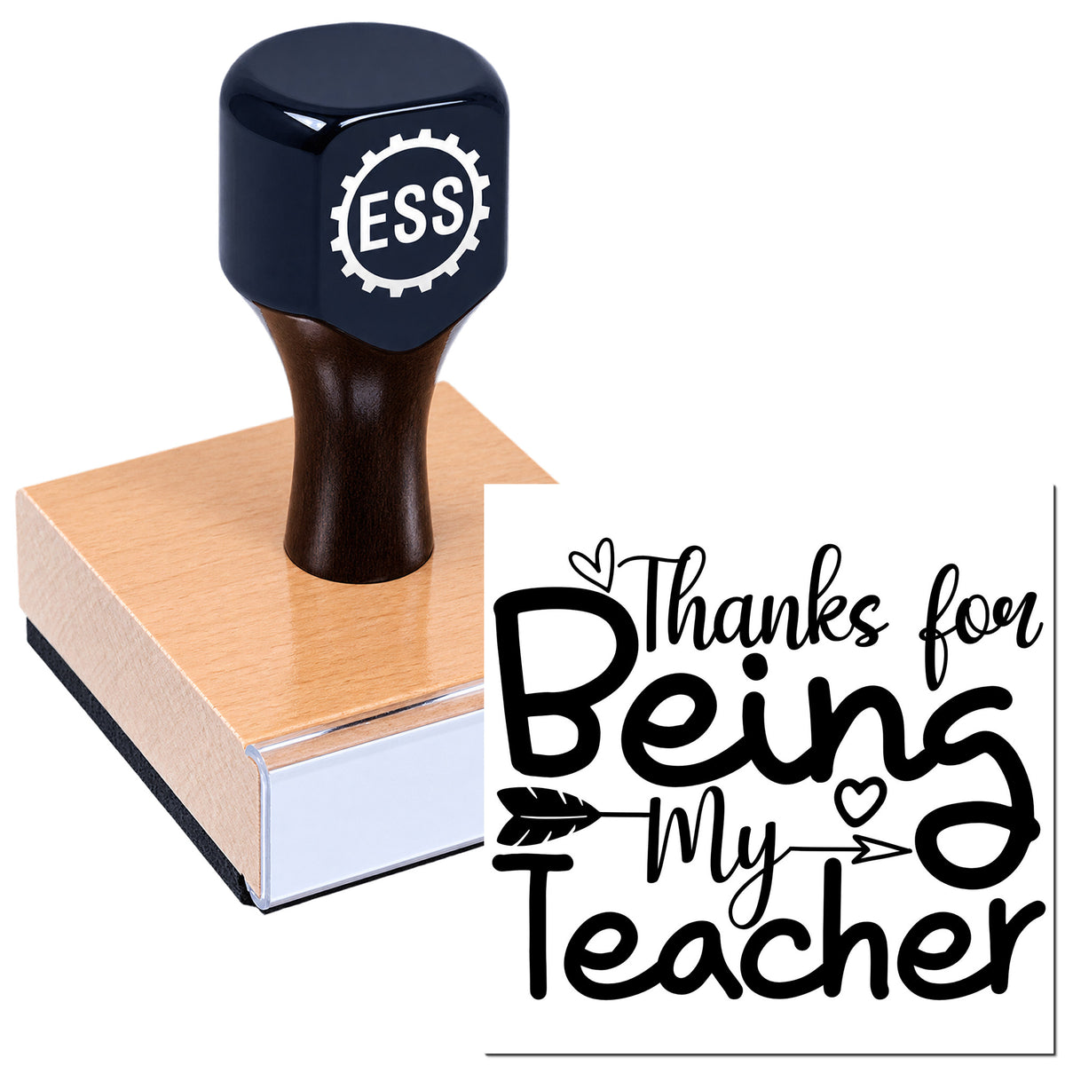 Dark blue ESSI stamp on copper seal block beside black "Thanks for Being My Teacher" seal design with heart and arrow.