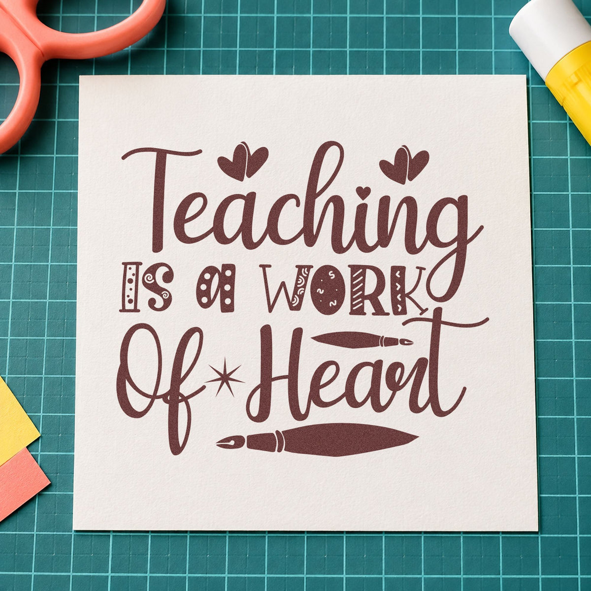 Teaching Work Of Heart Pens rubber stamp printed in brown ink, ready for ink well labels and similar paper crafts.