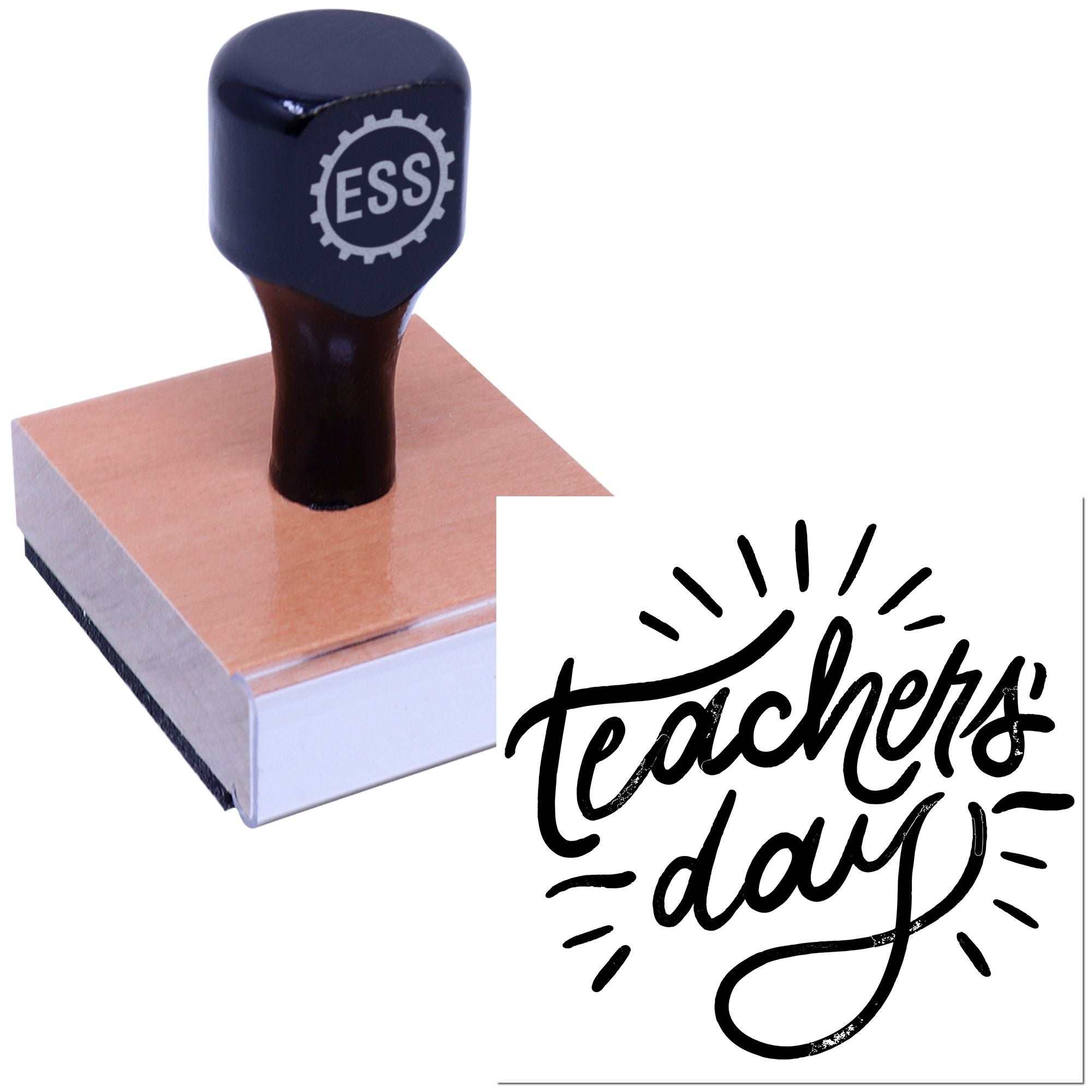 Black ESS rubber stamp seal on a pink block, with Teachers Day script graphic.