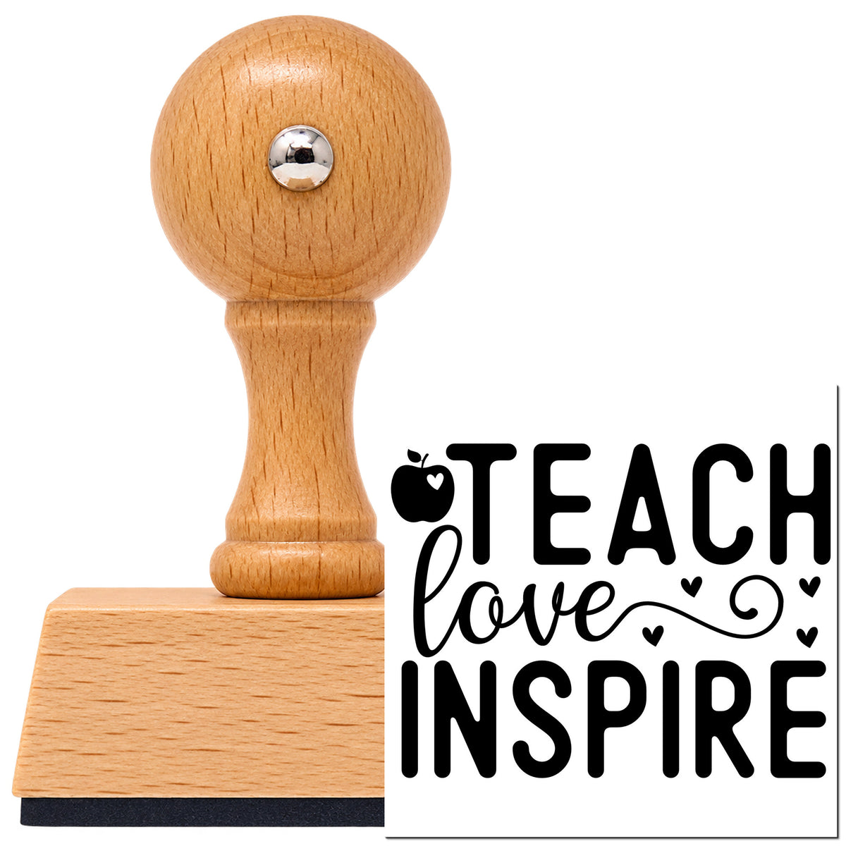 Vintage Pro beech wood stamp with a round knob handle, shown with its black Teach Love Inspire Apple Hearts imprint on white.
