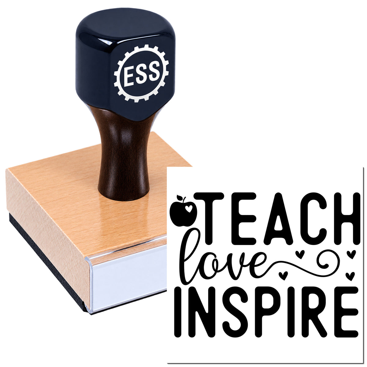 Black ESS rubber stamp on wooden base with TEACH love INSPIRE design, black lettering, and heart accents.
