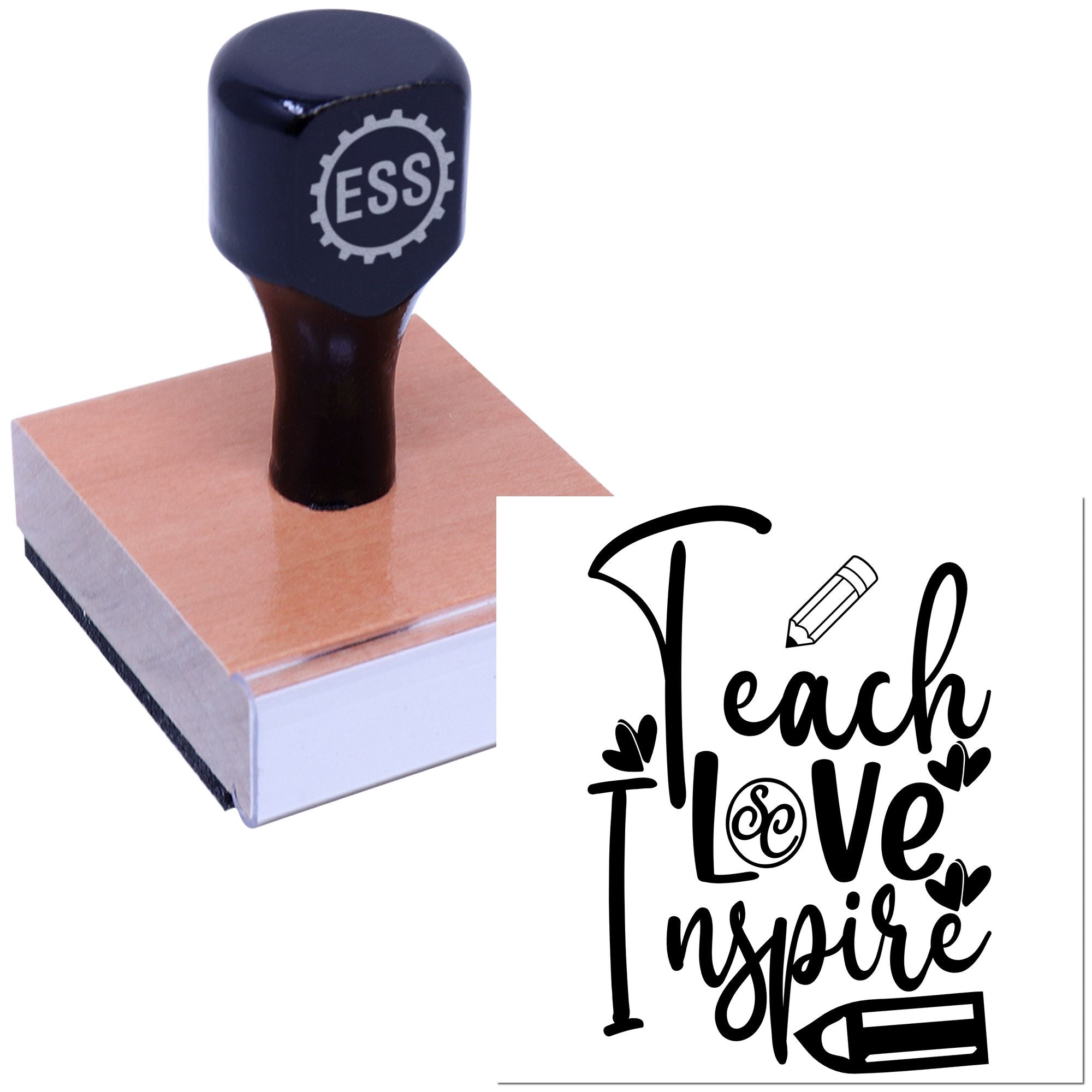 Dark navy ESSI custom stamp on wooden seal block with black Teach Love Inspire design.