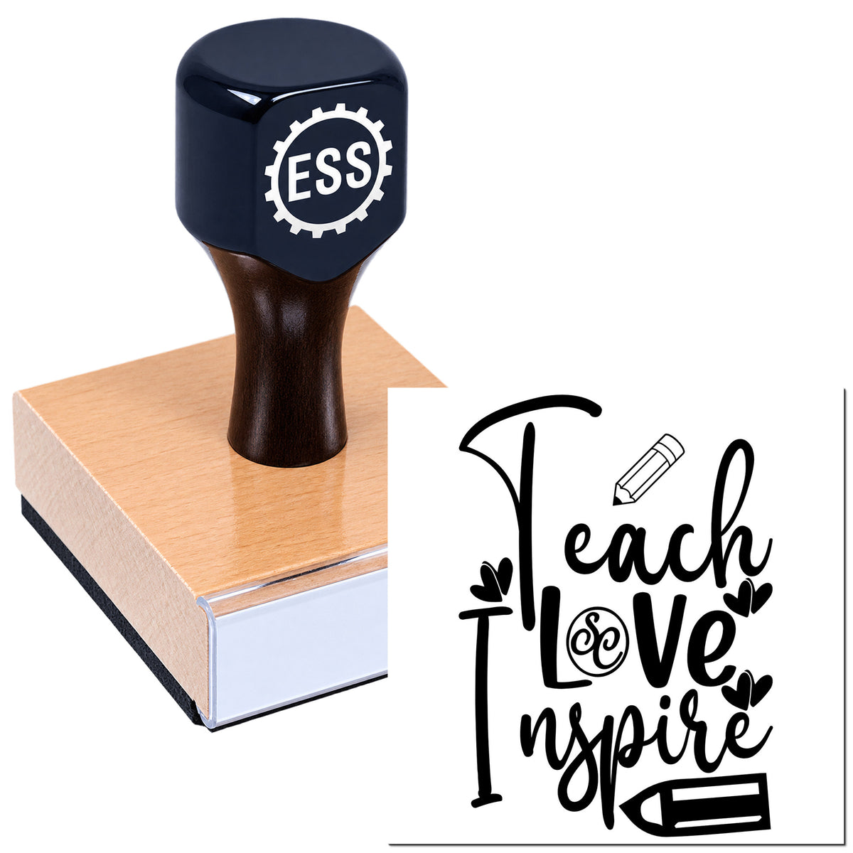 Dark navy ESSI custom stamp on wooden seal block with black "Teach Love Inspire" design.