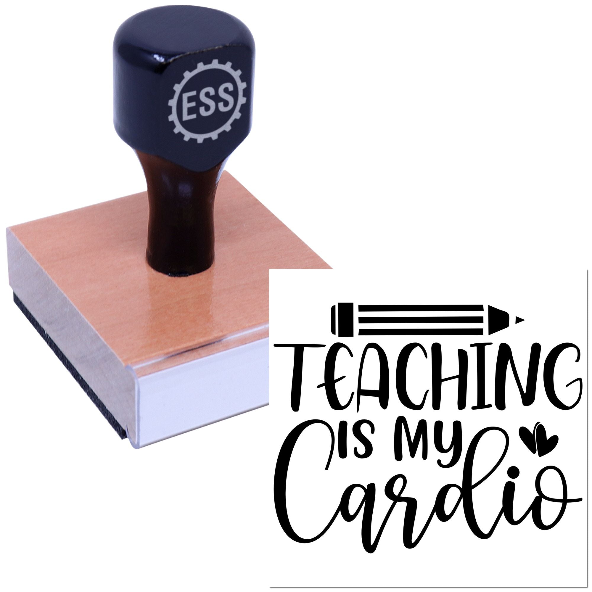 Black ESS teaching stamp and seal on wooden base, featuring a pencil icon and Teaching is my Cardio text.