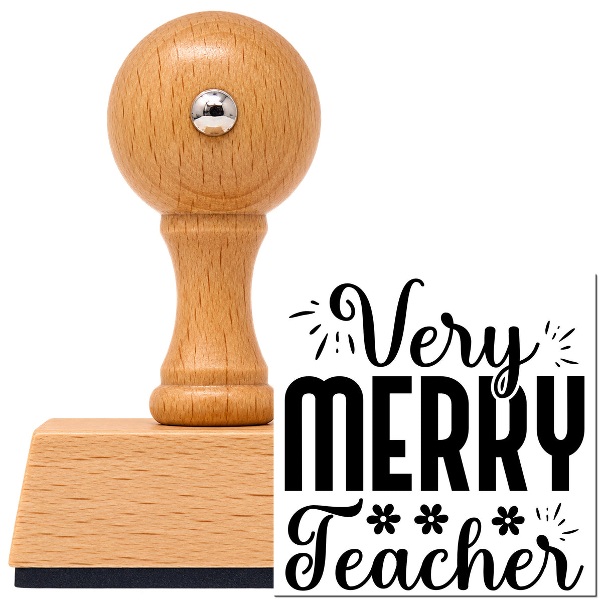 Vintage Pro beech wood stamp with a round knob handle, shown with its black Very Merry Teacher Lettering imprint on white.