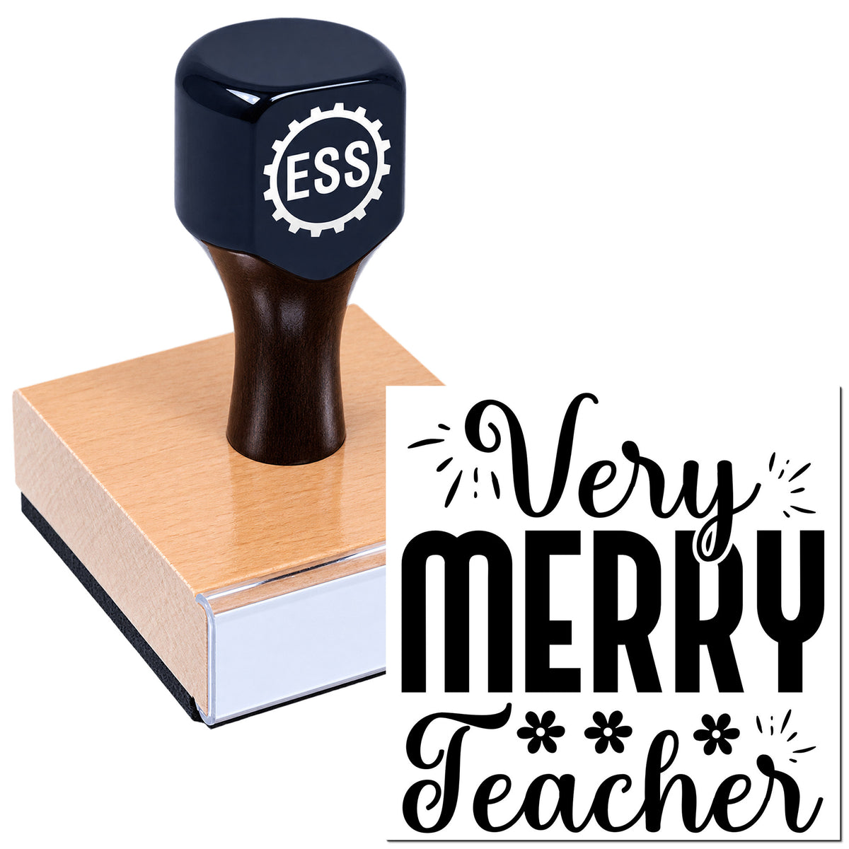 Dark blue ESS rubber seal stamp on a wooden block beside "Very Merry Teacher" lettering in black.
