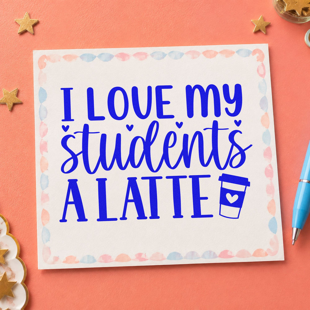 Love Students A Latte craft stamp imprinted in blue ink on paper, a design suited to cafe card seals.