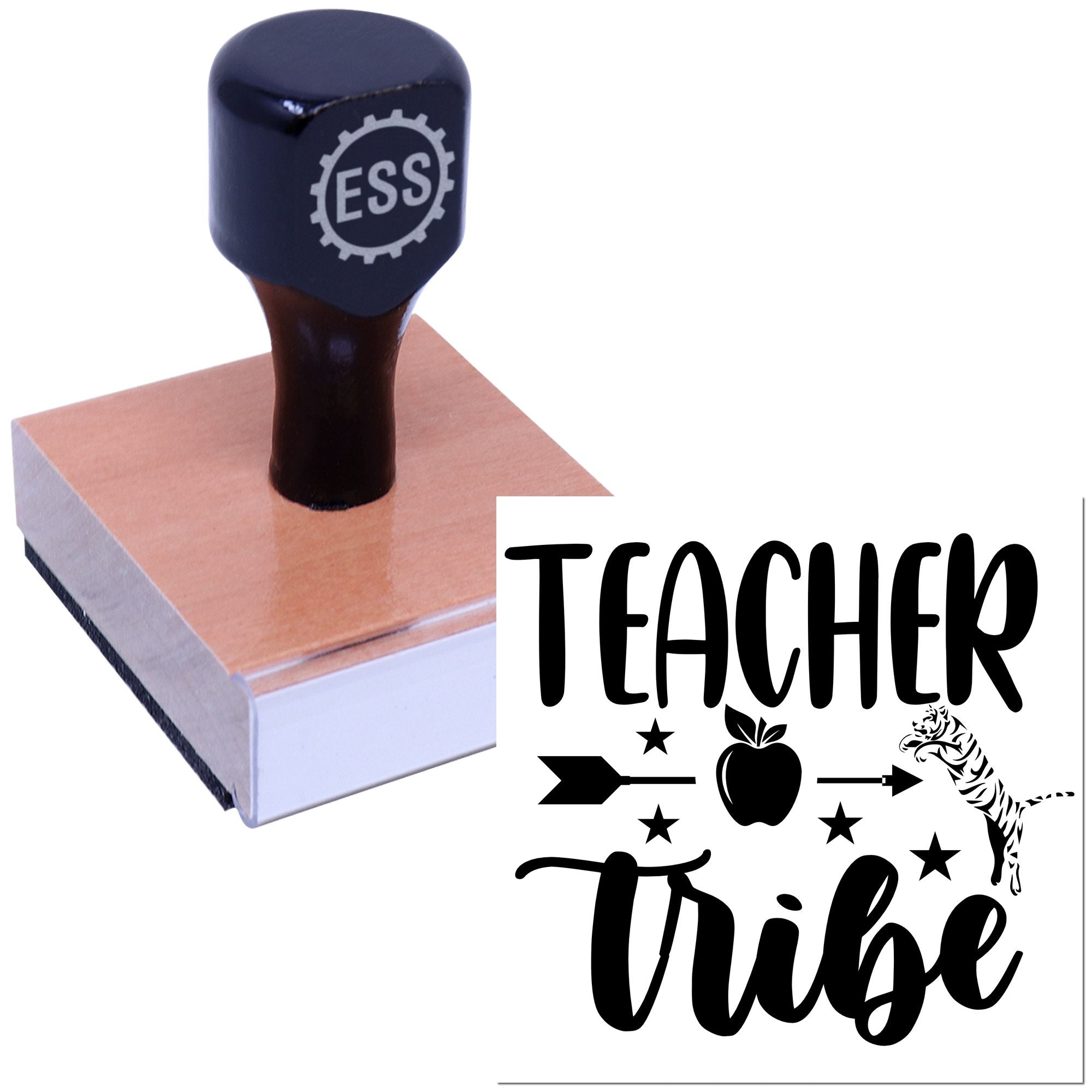 Dark blue ESS stamp seal on a wooden block with black Teacher Tribe design, apple, stars, and arrows