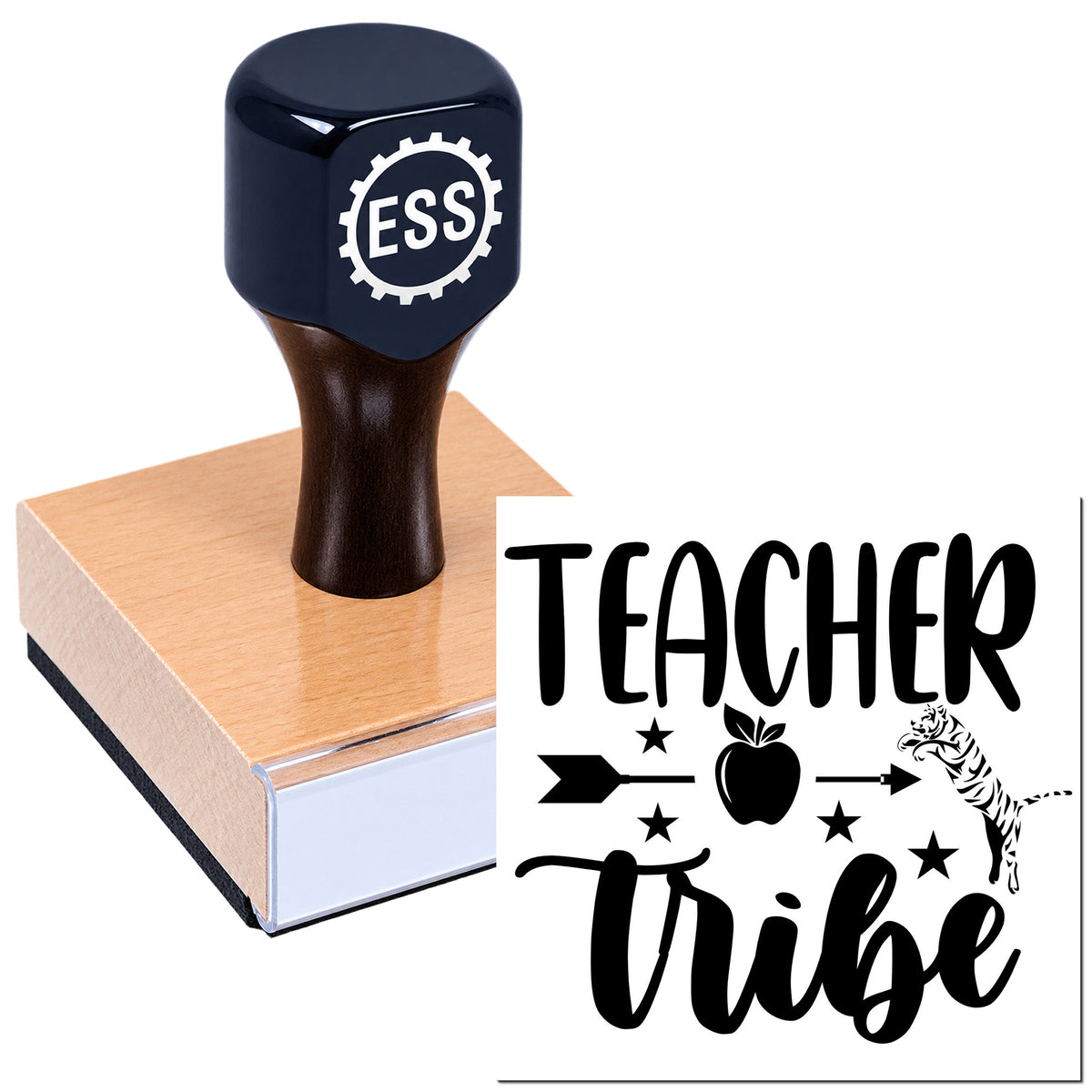 Dark blue ESS stamp seal on a wooden block with black Teacher Tribe design, apple, stars, and arrows