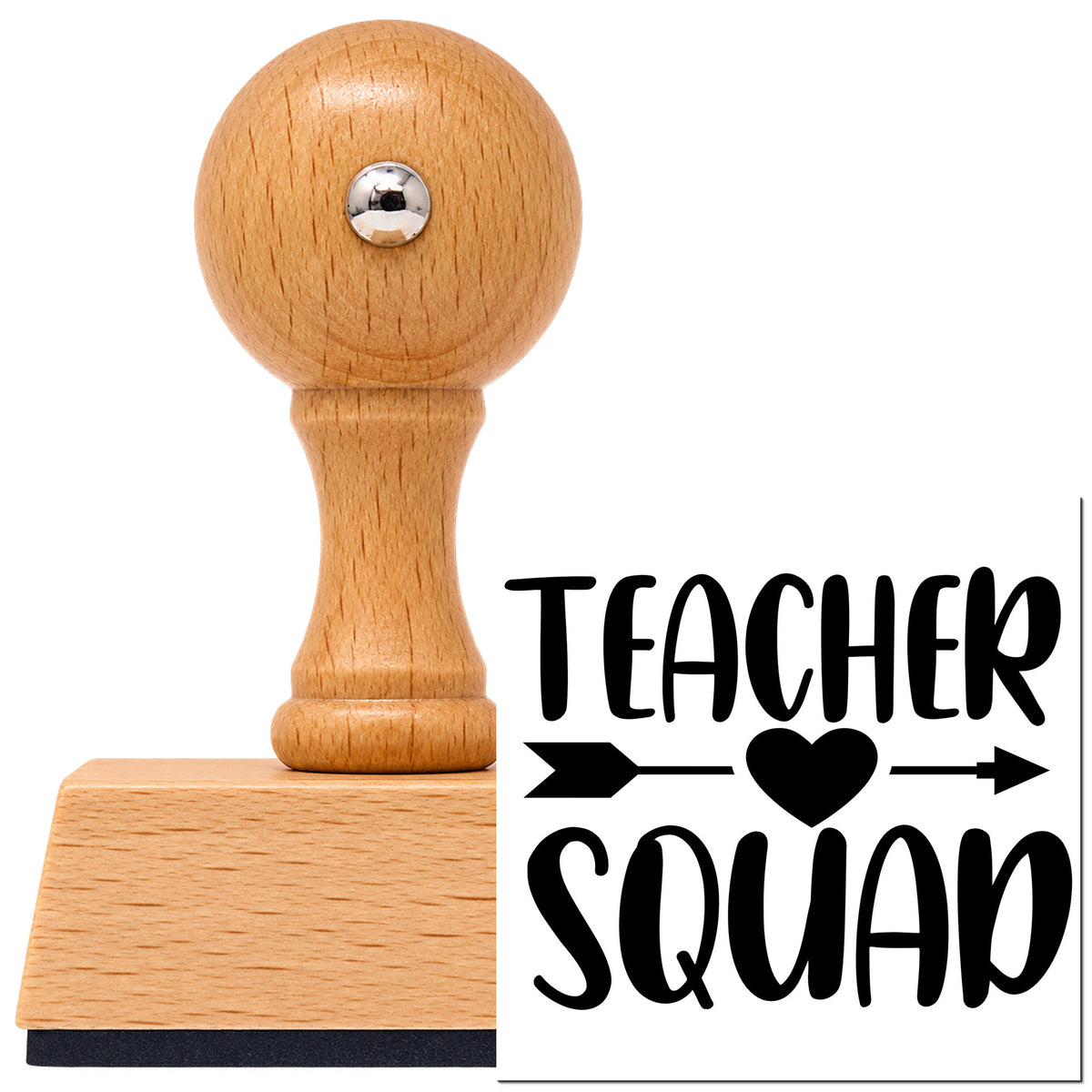 Vintage Pro beech wood stamp with a round knob handle, shown with its black Teacher Squad Heart Arrow imprint on white.