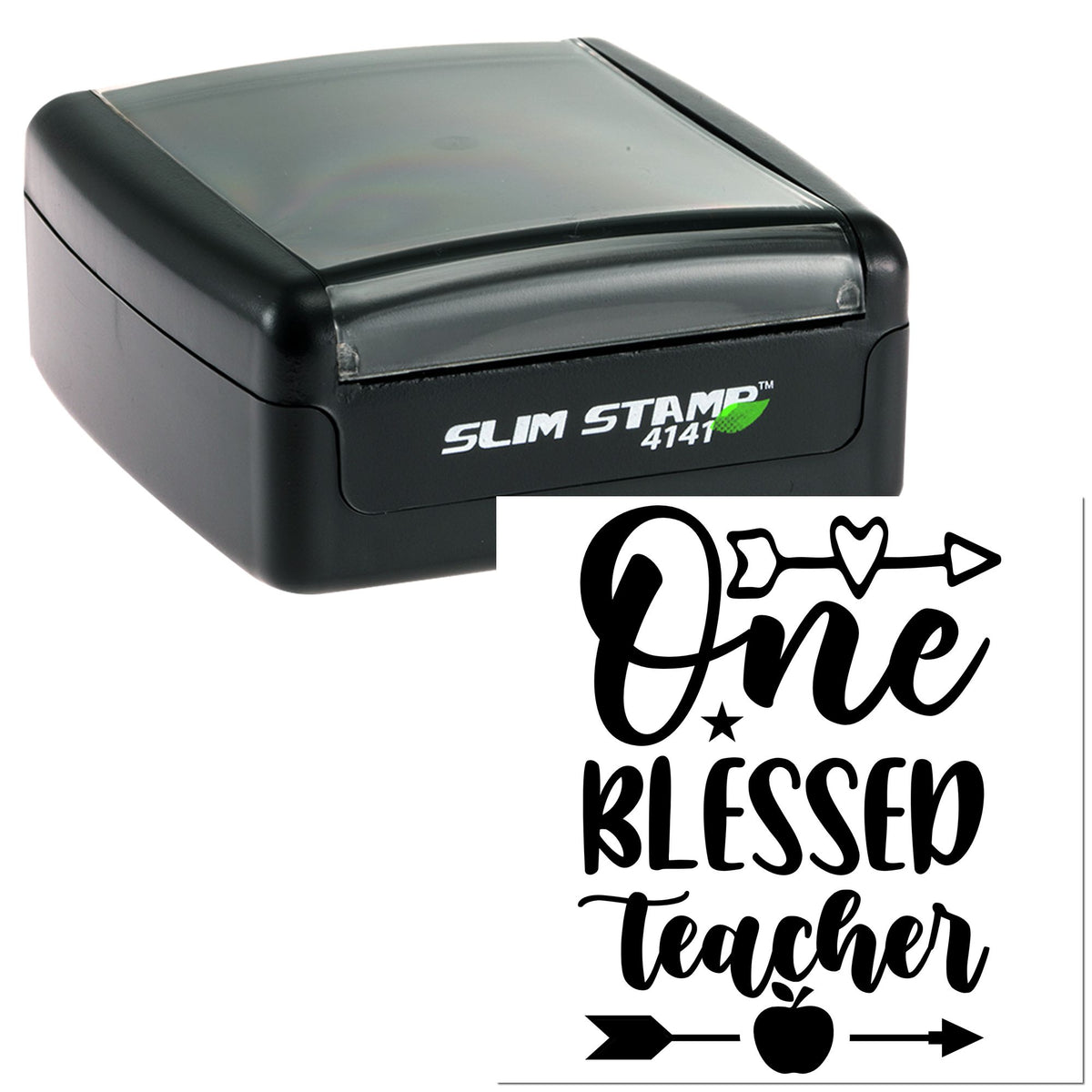 Black self-inking stamp and seal with translucent gray top, featuring One Blessed Teacher script and arrow-apple graphic.