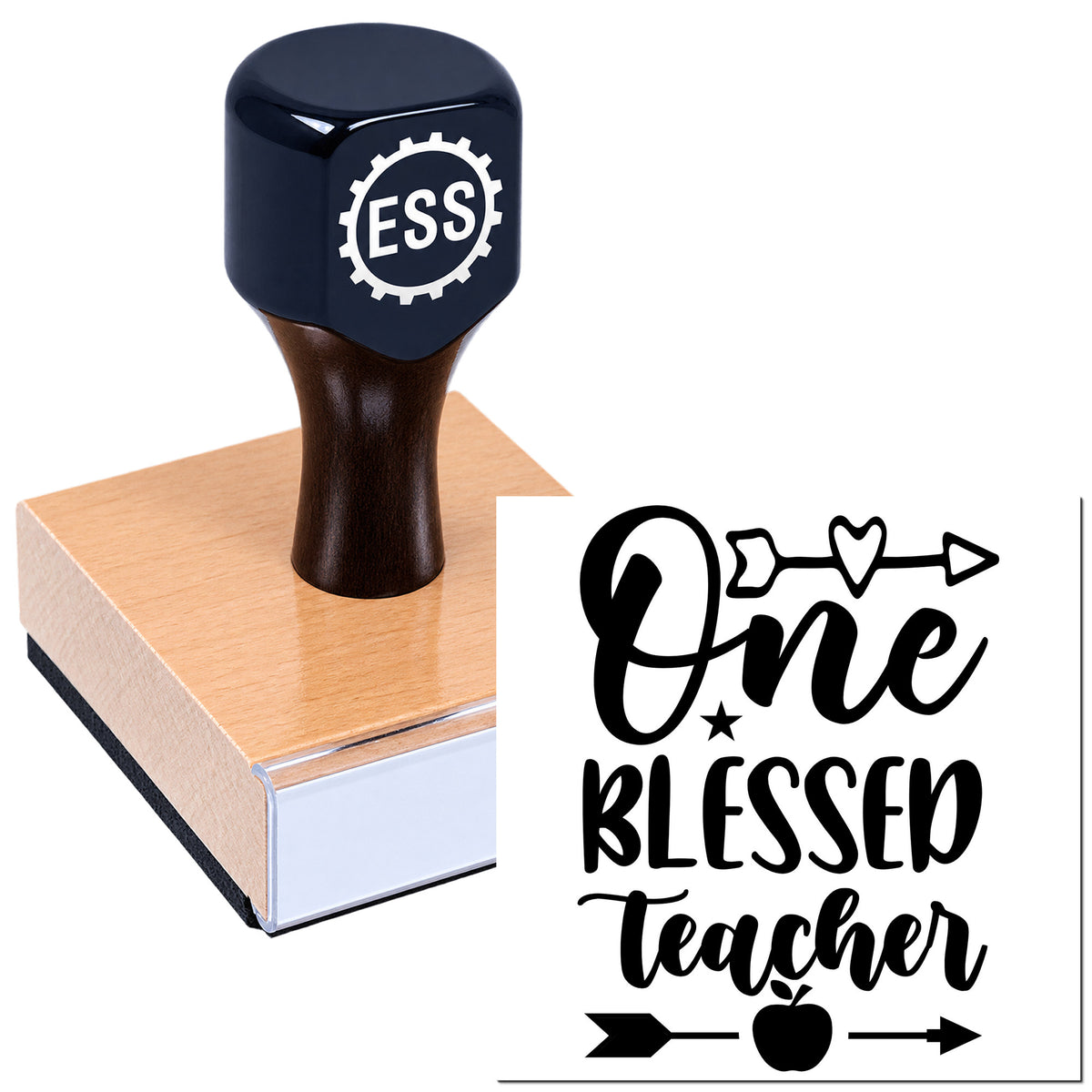Dark blue ESS rubber stamp and seal on wood block, printing "One Blessed Teacher" with arrows and an apple icon.