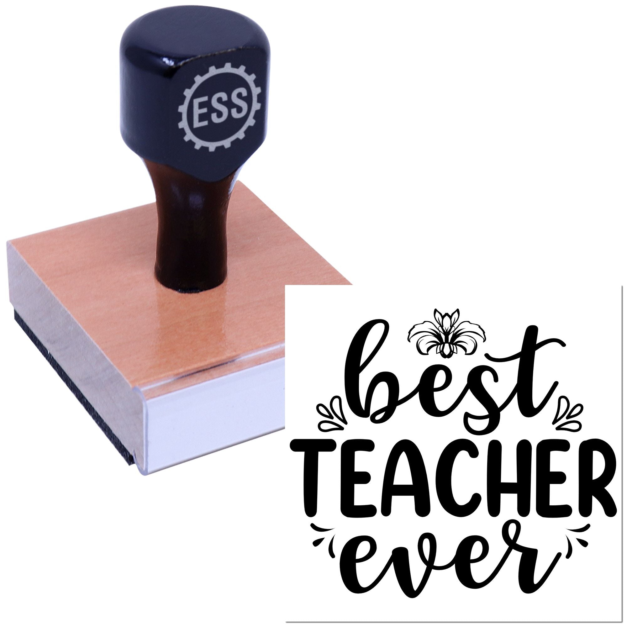 Black ESS self-inking stamp and seal with copper-colored base and Best Teacher Ever design