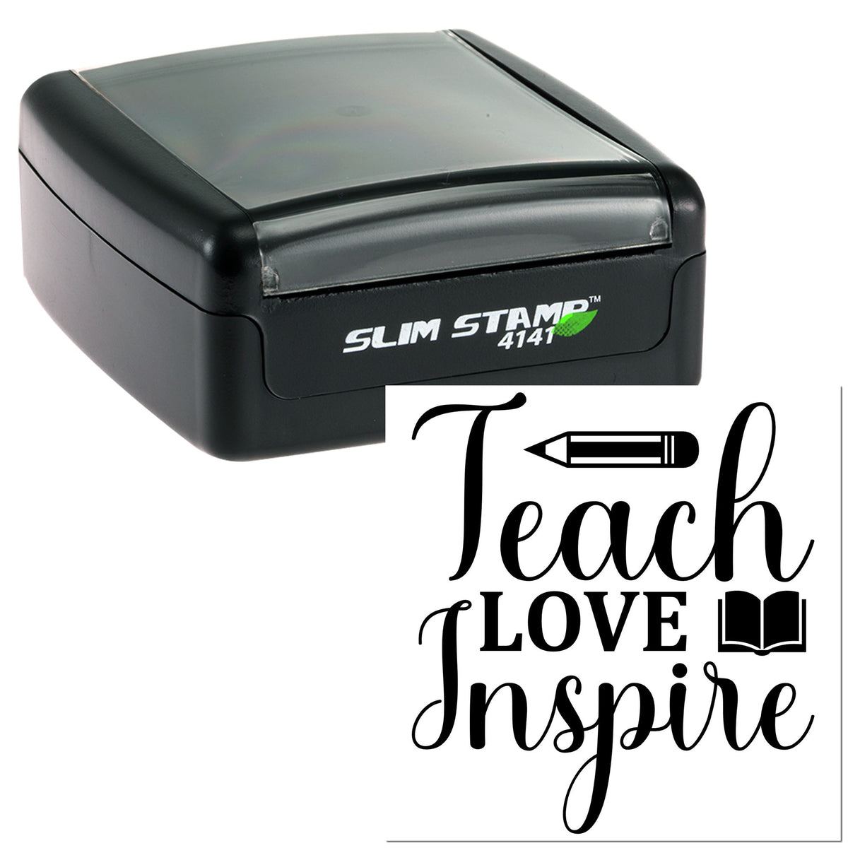 Black Slim Stamp 4141 with gray top and Teach Love Inspire seal design, plus pencil and book icons.