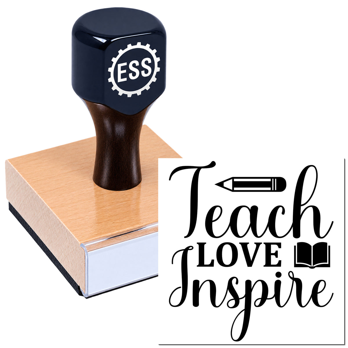 Black ESS teacher stamp seal on a wooden block, with "Teach Love Inspire" text, pencil and book icons.