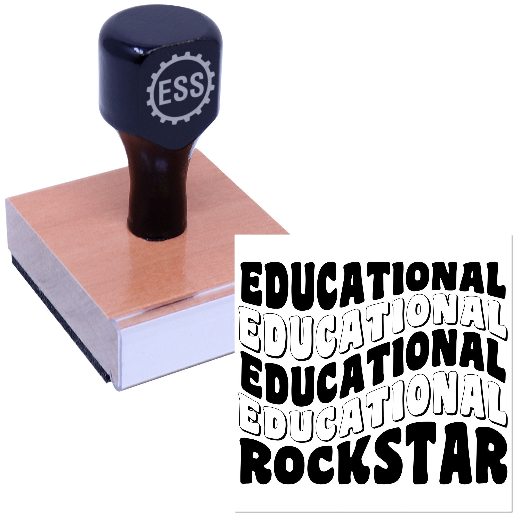 Black ESS educational stamp and seal on a brown wooden block, with EDUCATIONAL ROCKSTAR sample text.