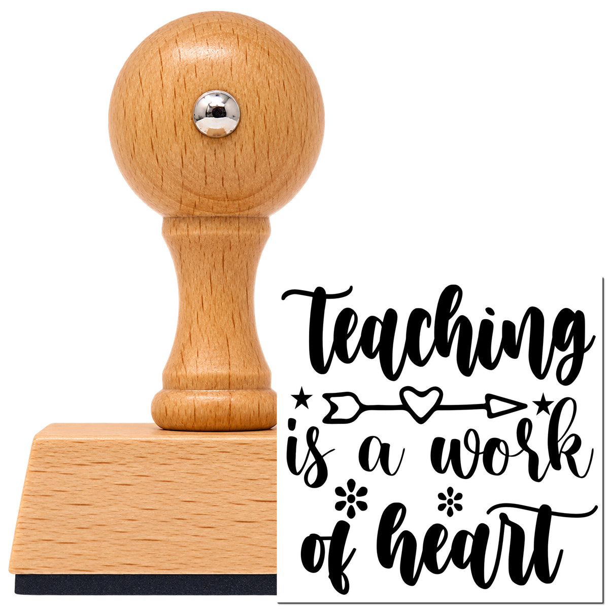Vintage Pro beech wood stamp with a round knob handle, shown with its black Teaching Work Of Heart Arrow imprint on white.