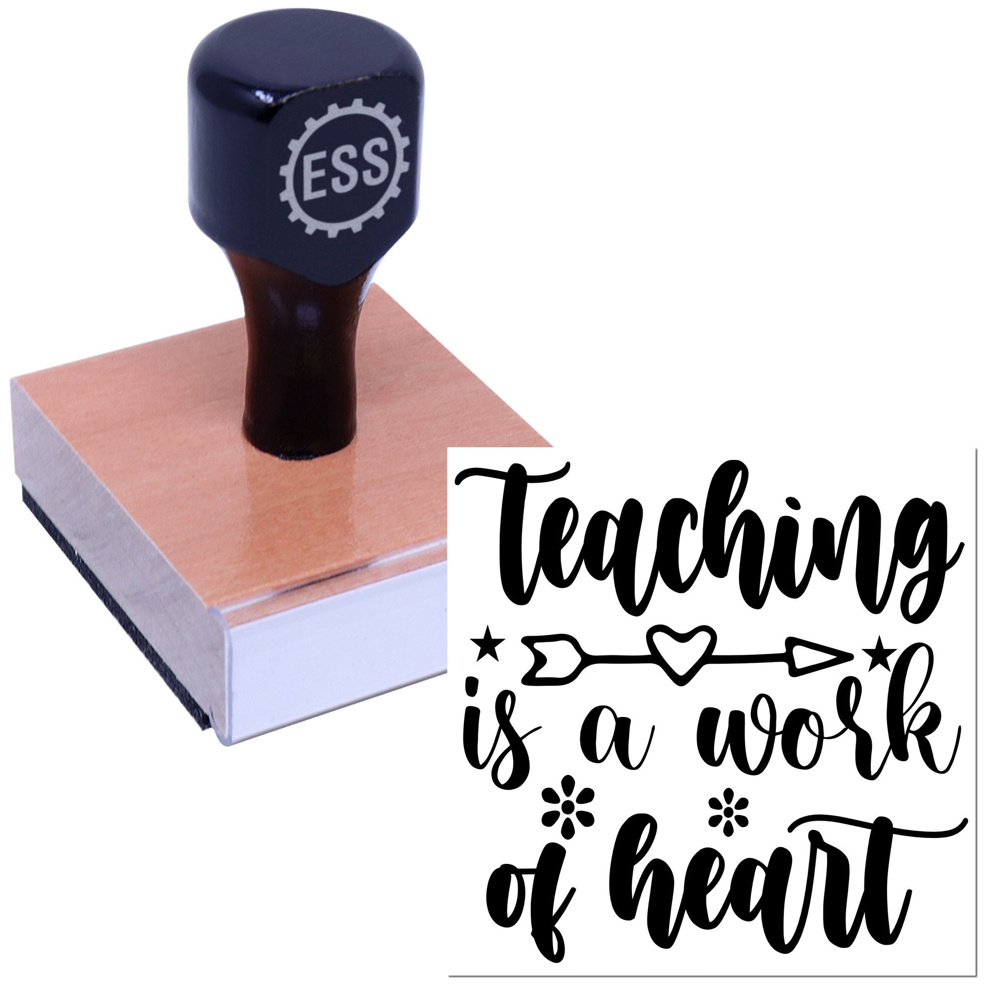 Black ESS rubber stamp on a pink wooden block beside a white teaching seal with black script and heart design.