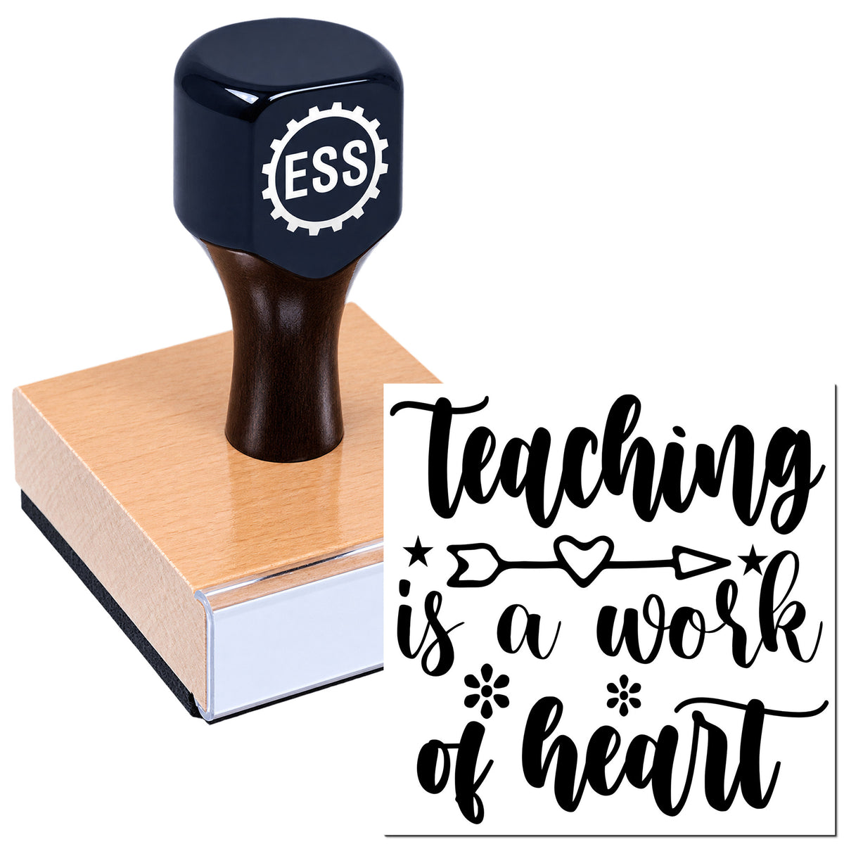 Black ESS rubber stamp on a pink wooden block beside a white teaching seal with black script and heart design.