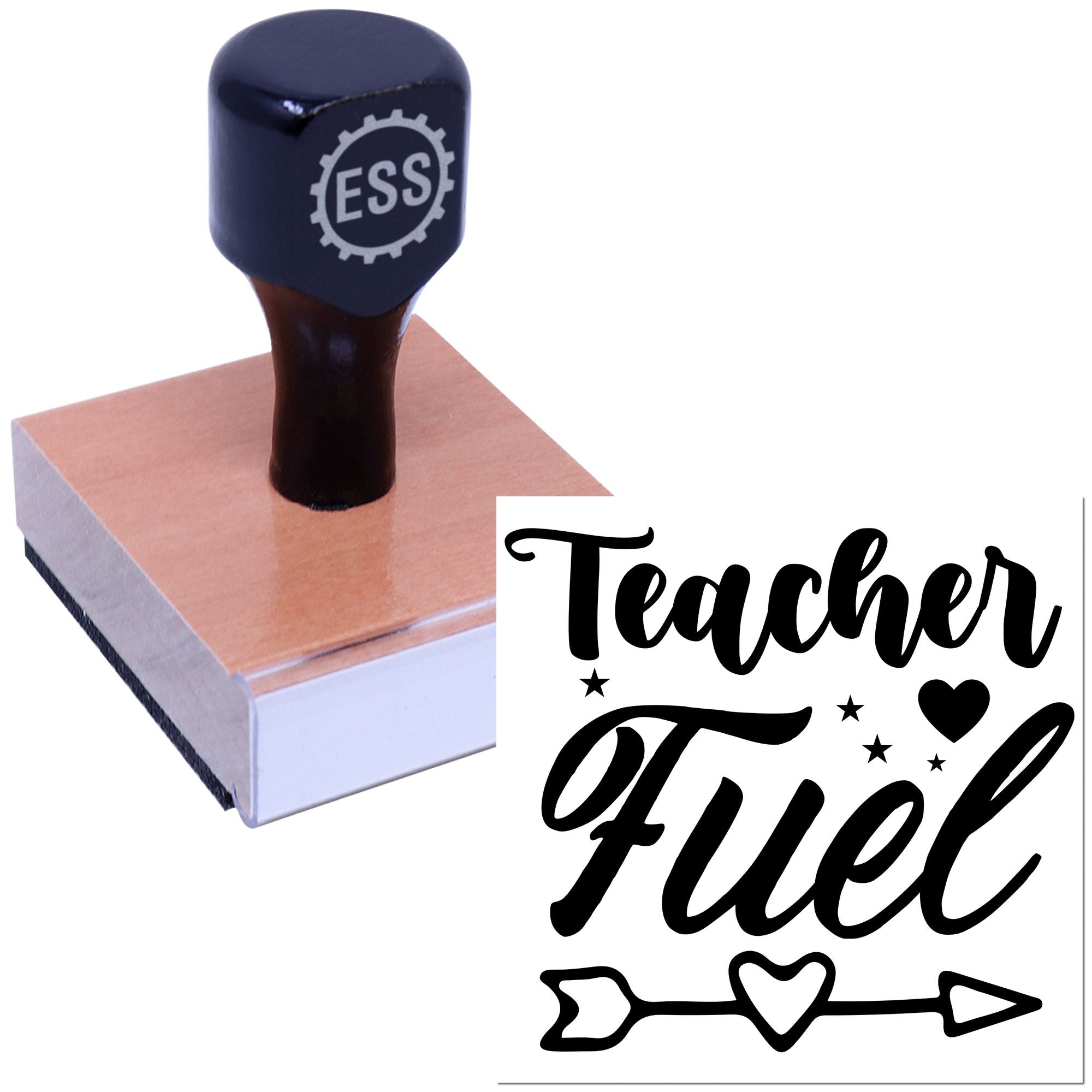 Black ESS seal stamp on wood block with white Teacher Fuel script, stars, heart and arrow design