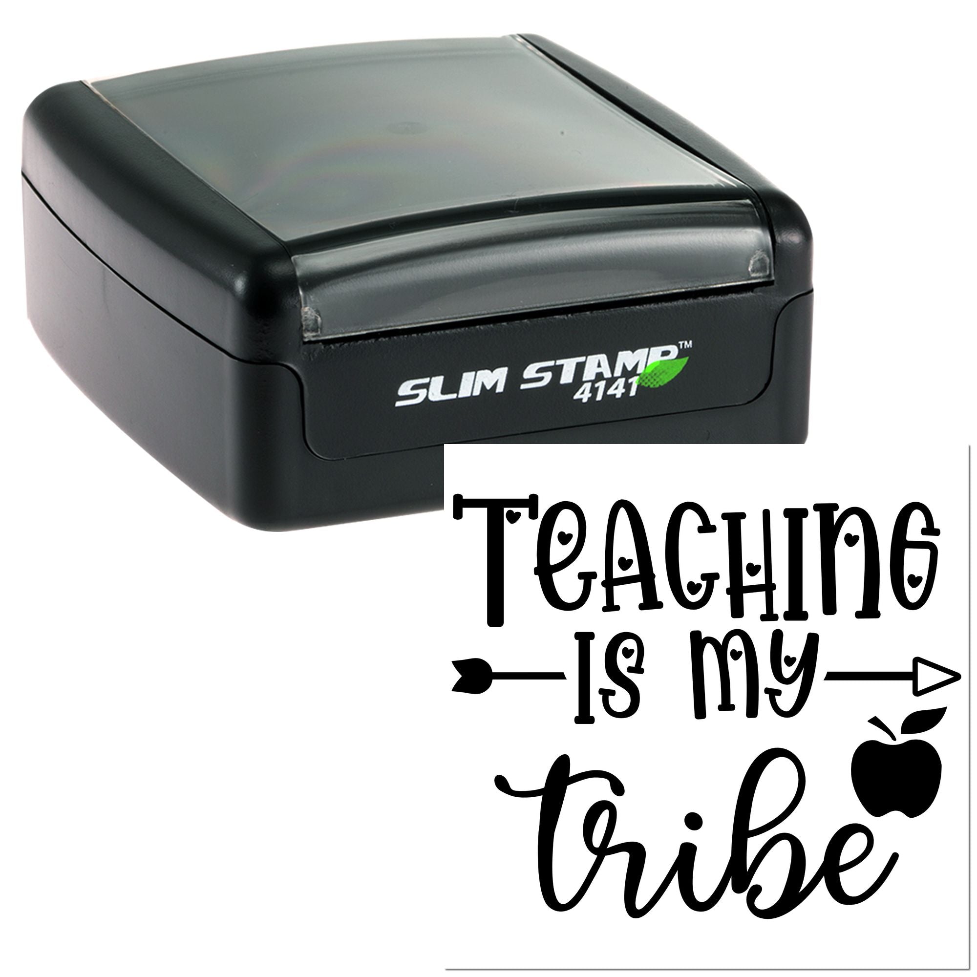 Black Slim Stamp self-inking stamp with clear gray top and custom seal reading Teaching is my tribe with apple and arrows.