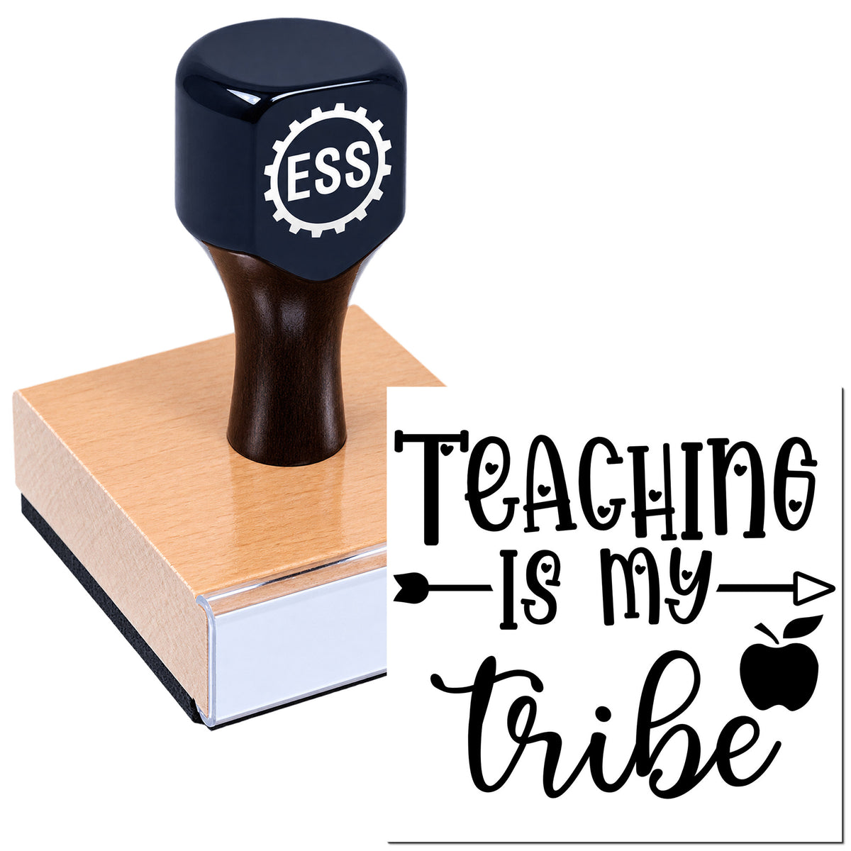 Dark blue ESS stamp on a pink square seal block with "Teaching is my tribe" text and apple icon.