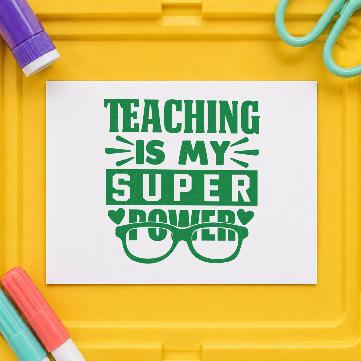 Teaching Super Power Glasses craft stamp imprint in green ink on a handmade project, one idea being screen time pages.
