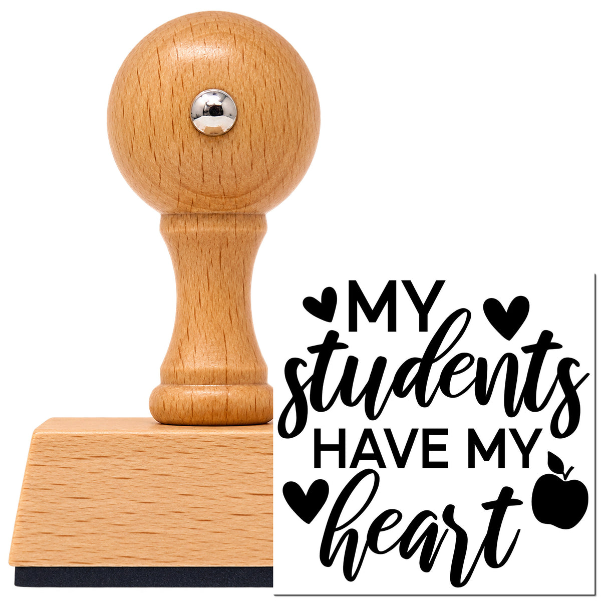 Vintage Pro beech wood stamp with a round knob handle, shown with its black My Students My Heart Apple Lettering imprint on white.