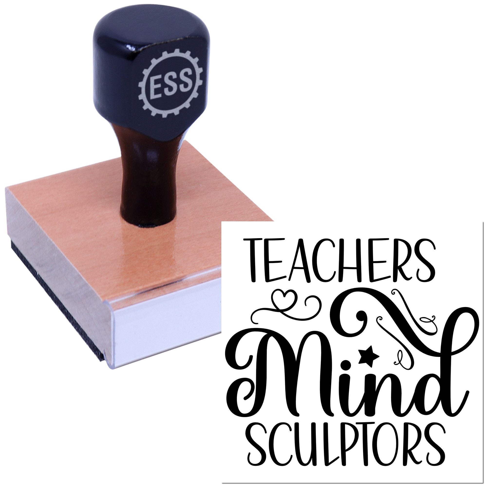 Black ESS custom stamp and seal on pink wood block with Teachers Mind Sculptors logo on white background.
