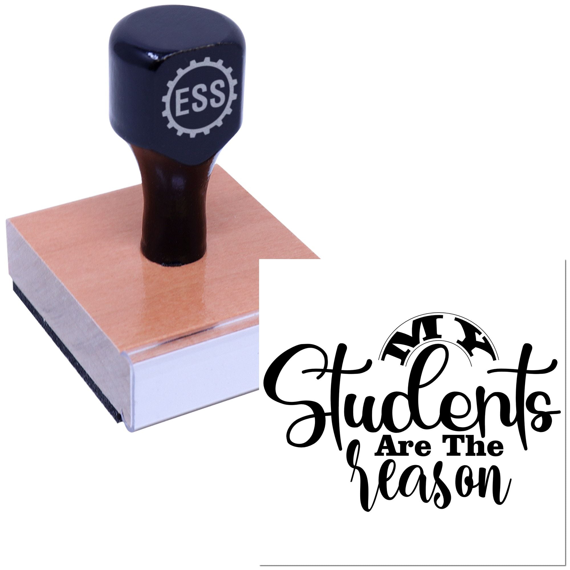 Dark navy ESS stamp and seal on a wooden block, with black logo text and Students Are The Reason graphic.