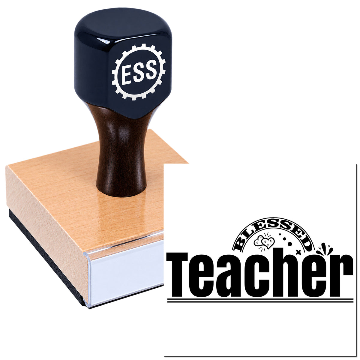 Black embossing stamp on copper base with Teacher Blessed seal logo on white background.