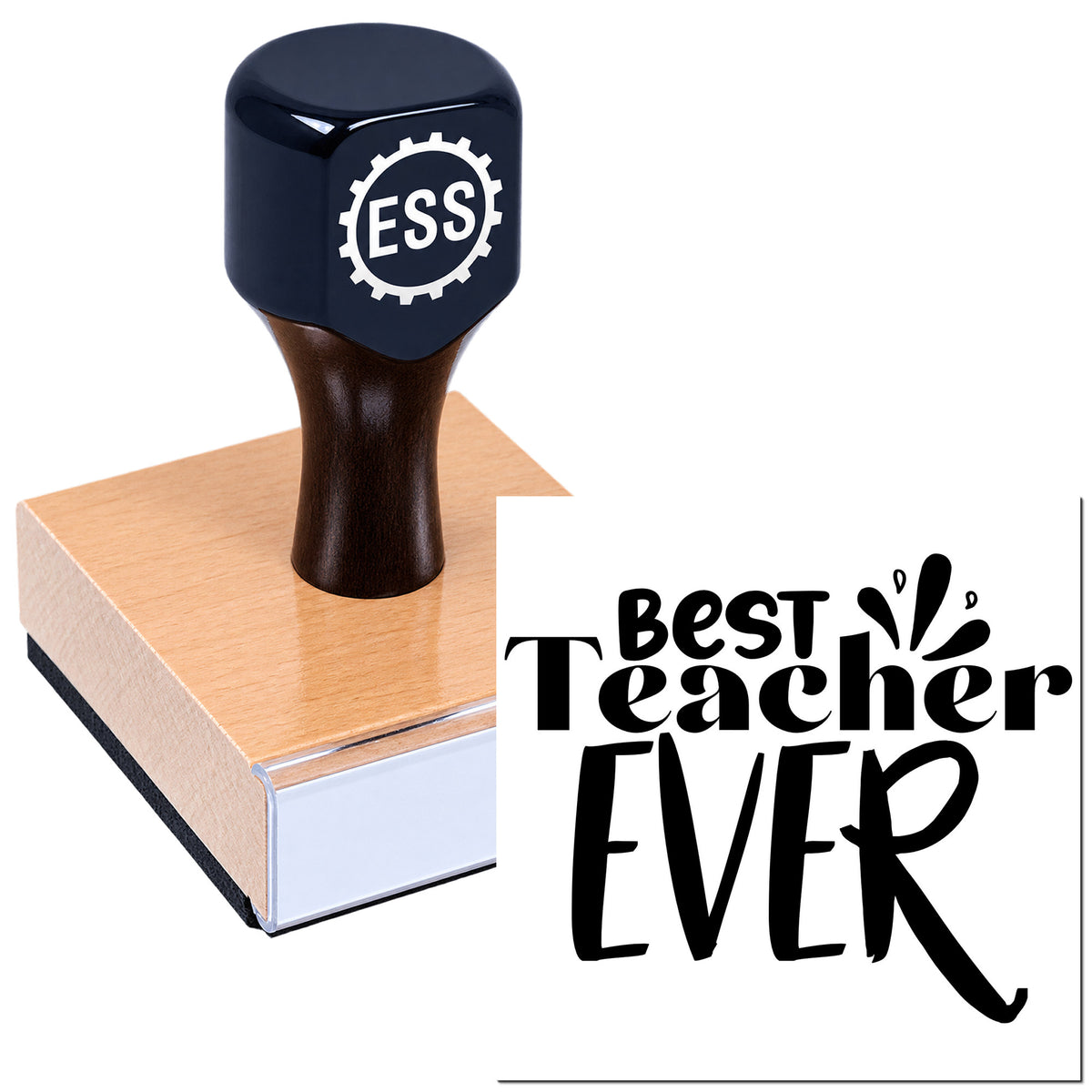 Navy ESS rubber stamp and seal on wooden base, stamped with black "Best Teacher Ever" text.