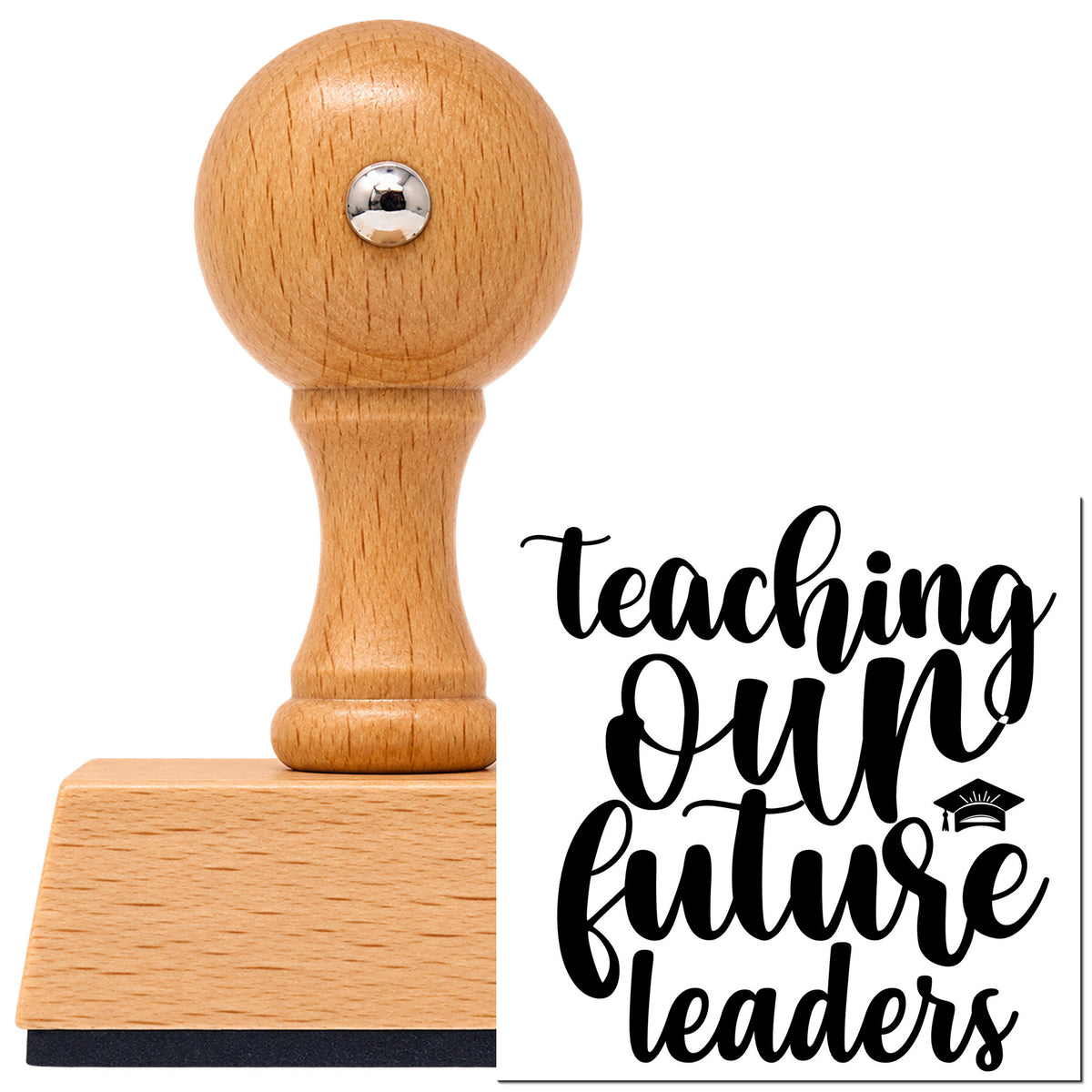 Vintage Pro beech wood stamp with a round knob handle, shown with its black Teaching Our Future Leaders Cap imprint on white.