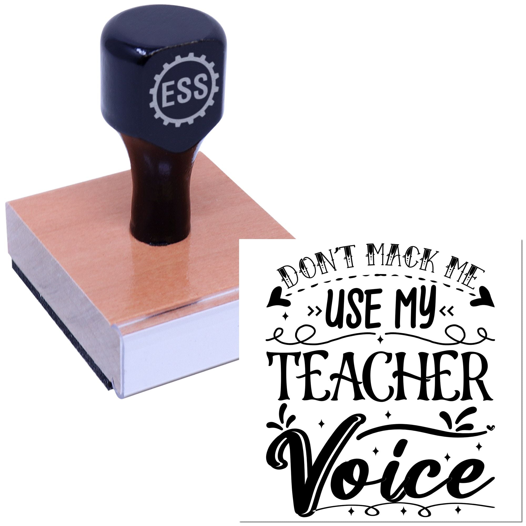 Navy ESS self-inking stamp and seal on tan block with black Use My Teacher Voice lettering