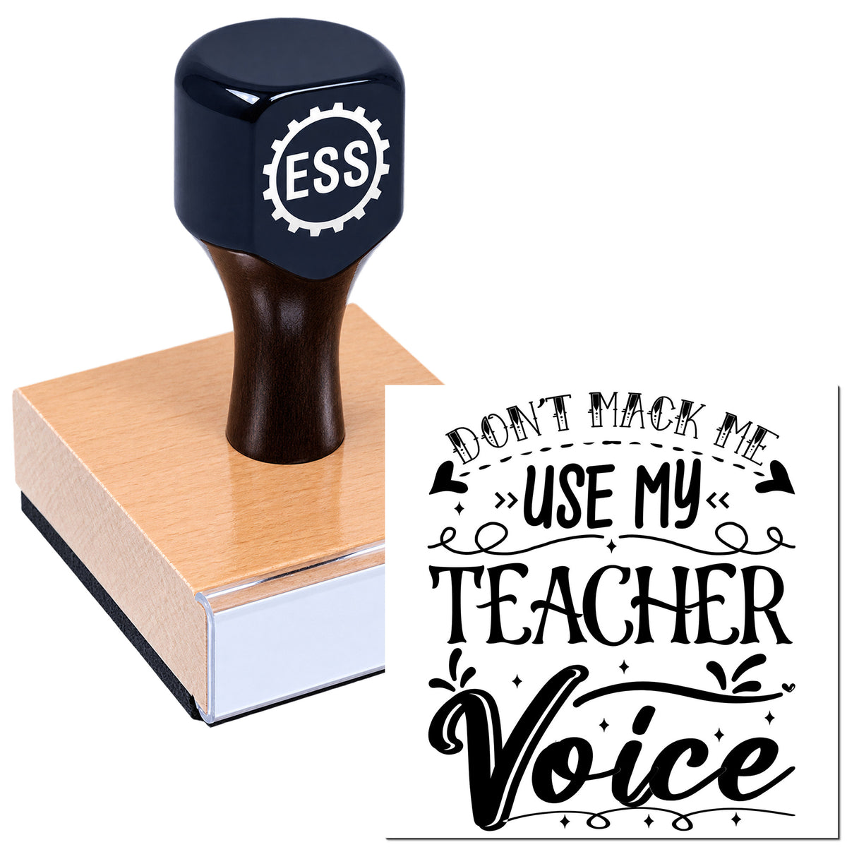 Navy ESS self-inking stamp and seal on tan block with black "Use My Teacher Voice" lettering