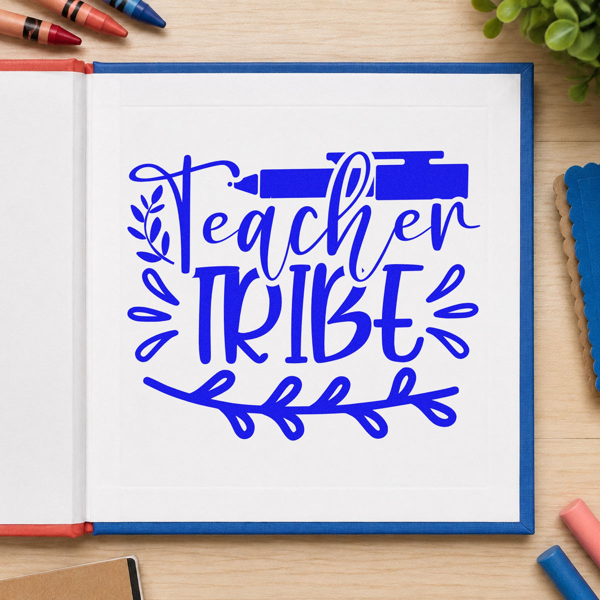 Teacher Tribe Pen And Leaves craft stamp in blue ink on cardstock, an easy option for sun hat panels.