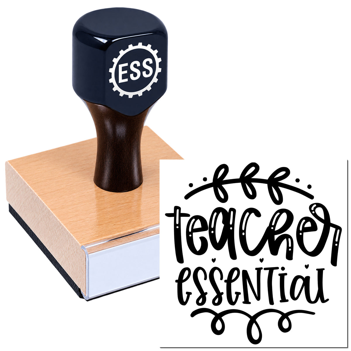 Dark navy ESS rubber stamp on a wooden block with a black "teacher essential" seal design on white.
