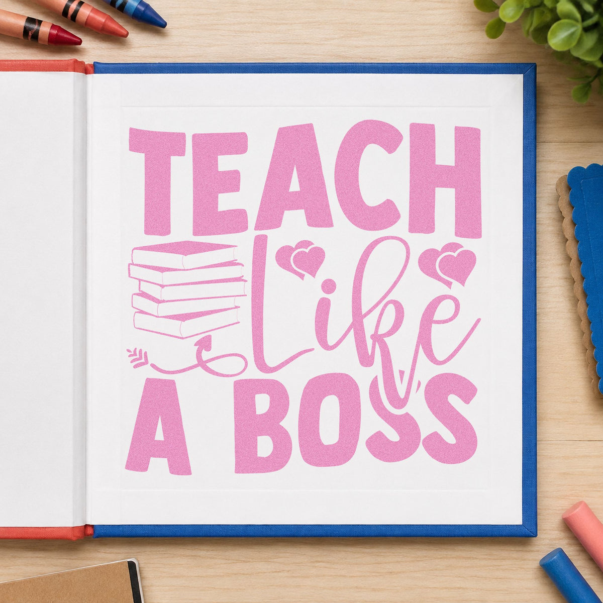 Teach Like A Boss Books craft stamp in purple ink on cardstock, an easy option for donation bank tags.