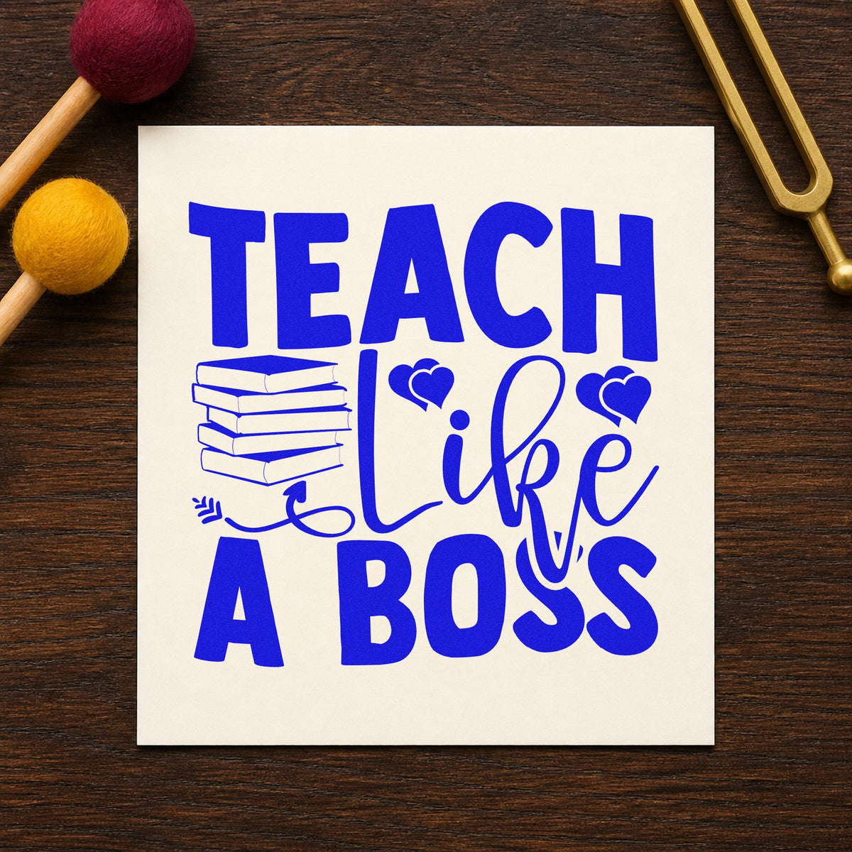 Teach Like A Boss Books craft stamp imprinted in blue ink on paper, a design suited to bookplate seals.