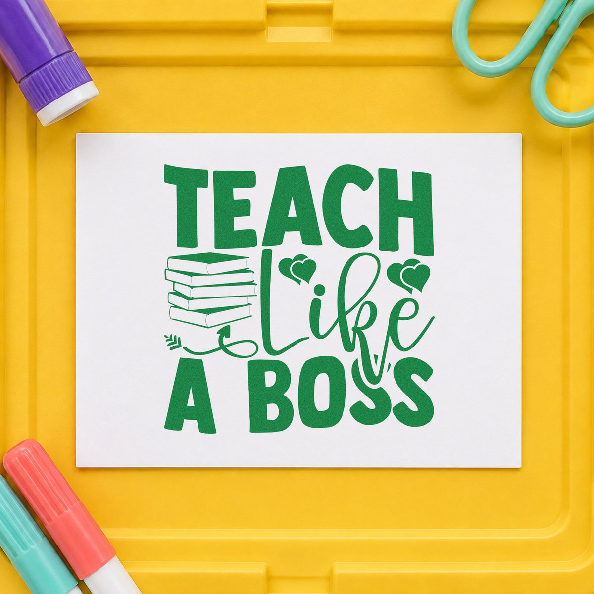 Teach Like A Boss Books craft stamp imprint in green ink on a handmade project, one idea being framed stack corner.