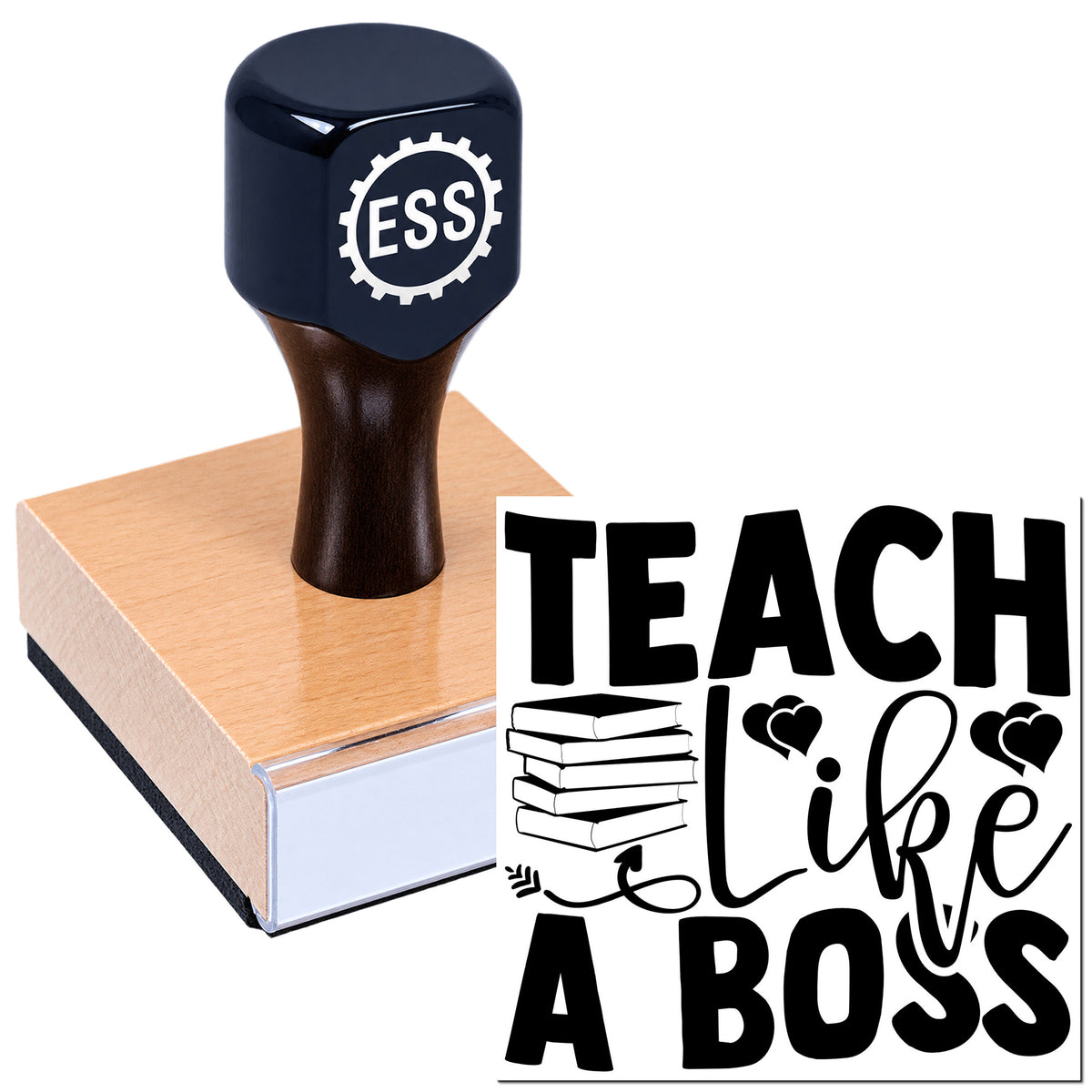 Navy ESS self-inking seal stamp on a book beside black "Teach like a Boss" design with books and hearts.