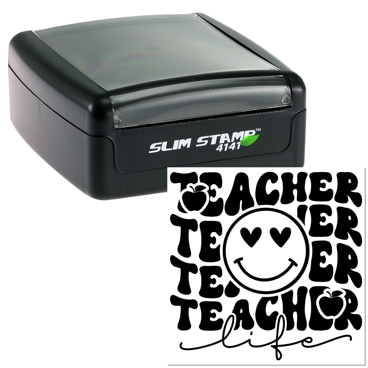 Black self-inking slim stamp with gray cover; teacher-life seal design featuring a smiley face, hearts, and apples.