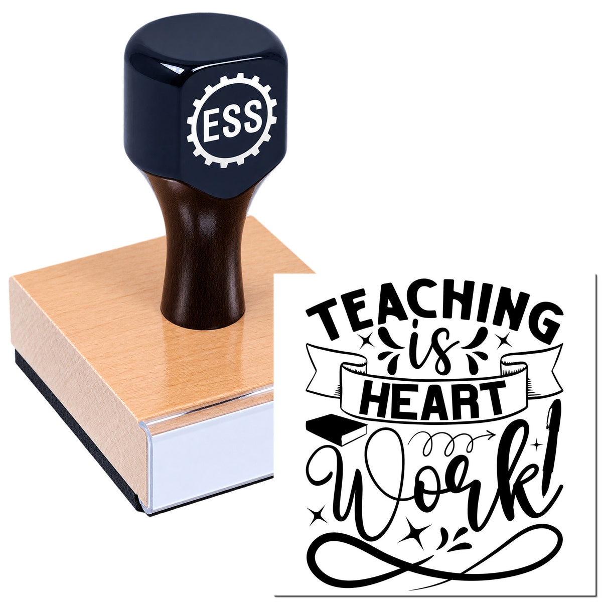 Black ESS stamp and seal on a wooden block beside a white teaching-themed rubber stamp design in bold black.