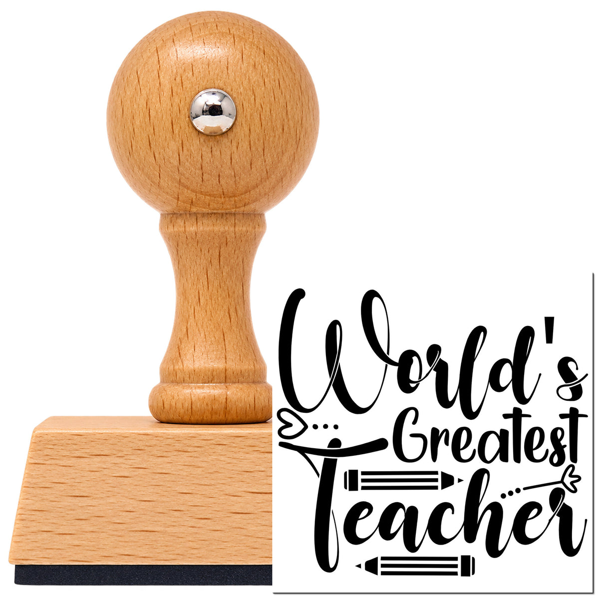 Vintage Pro beech wood stamp with a round knob handle, shown with its black Pencil Art Greatest Teacher imprint on white.
