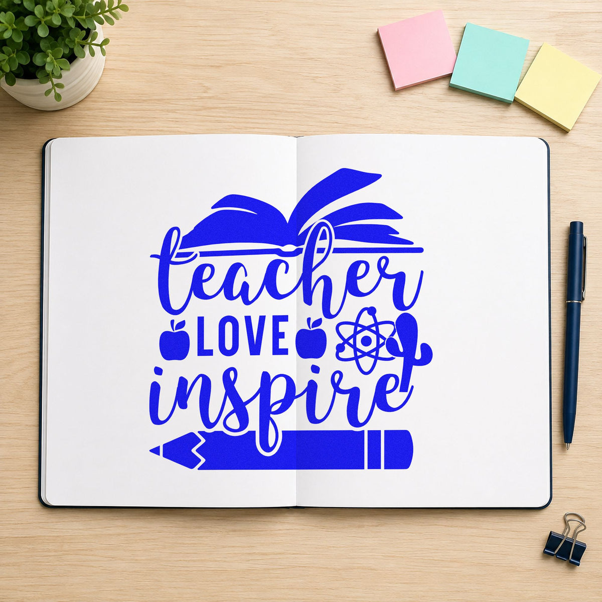 Teacher Love Inspire Learning Icons craft stamp in blue ink on cardstock, an easy option for lab coat panels.