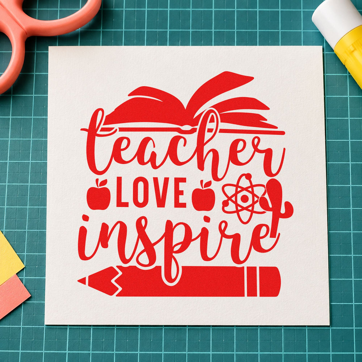 Teacher Love Inspire Learning Icons rubber stamp shown in red ink, stamped for projects such as science fair notes.